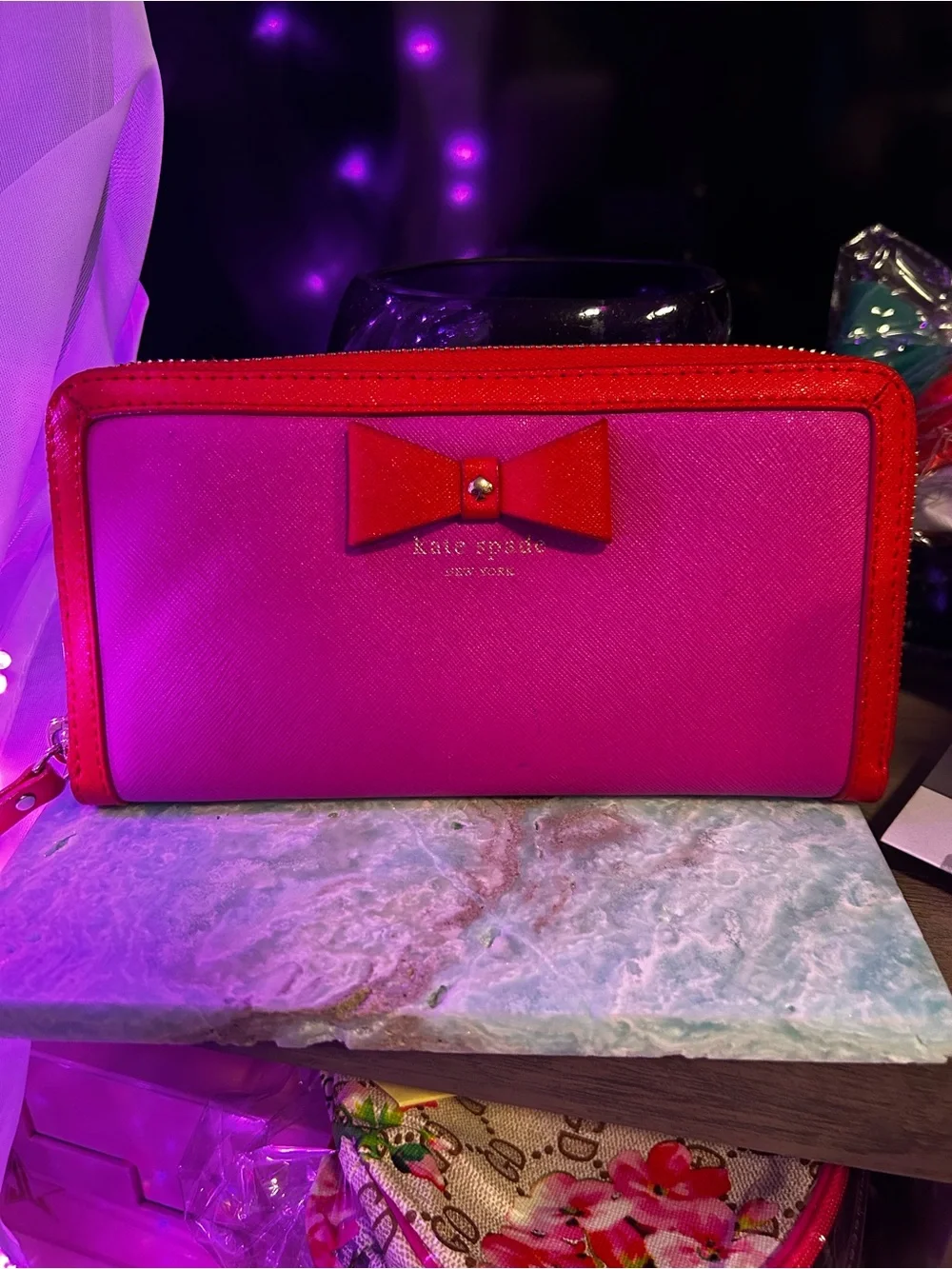 kate spade Hot Pink Cosmetic Case with Red Bow Accent